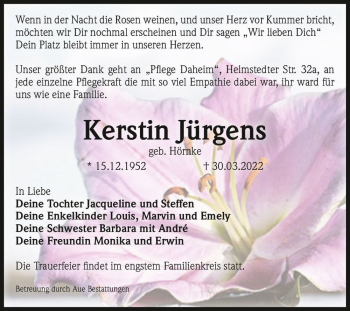 Traueranzeige von Kerstin Jürgens (geb. Hörnke)  von Magdeburger Volksstimme