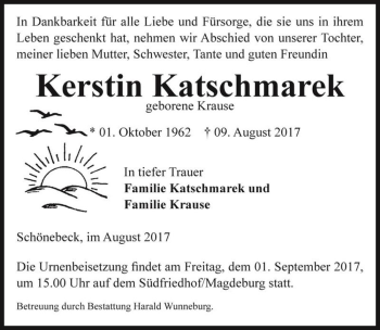 Traueranzeige von Kerstin Katschmarek (geb. Krause)  von Magdeburger Volksstimme