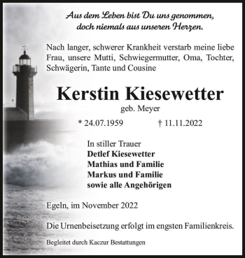 Traueranzeige von Kerstin Kiesewetter (geb. Meyer)  von Magdeburger Volksstimme