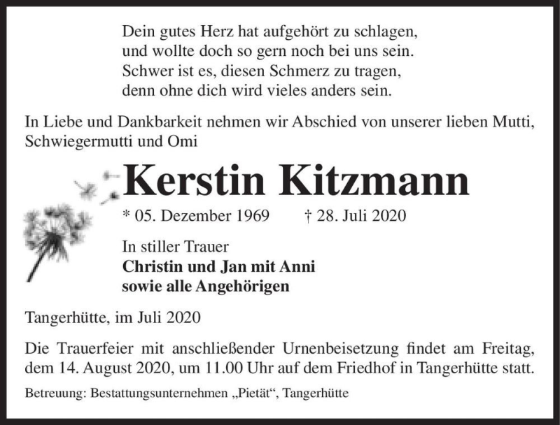  Traueranzeige für Kerstin Kitzmann  vom 01.08.2020 aus Magdeburger Volksstimme