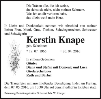 Traueranzeige von Kerstin Knape (geb. Scheibner)  von Magdeburger Volksstimme