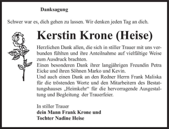 Traueranzeige von Kerstin Krone (Heise)  von Magdeburger Volksstimme