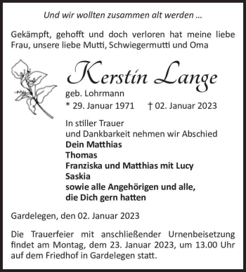 Traueranzeige von Kerstin Lange (geb. Lohrmann)  von Magdeburger Volksstimme