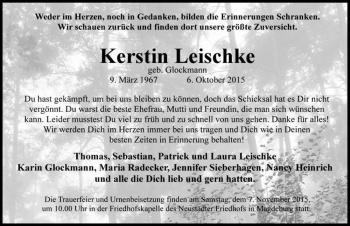 Traueranzeige von Kerstin Leischke (geb. Glockmann)  von Magdeburger Volksstimme