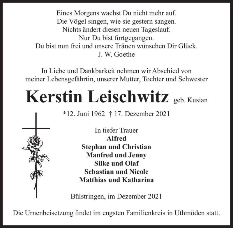  Traueranzeige für Kerstin Leischwitz (geb. Kusian)  vom 22.12.2021 aus Magdeburger Volksstimme