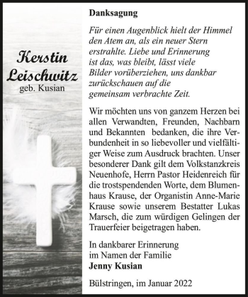 Traueranzeige von Kerstin Leischwitz (geb. Kusian)  von Magdeburger Volksstimme
