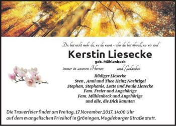 Traueranzeige von Kerstin Liesecke (geb. Mühlenbeck)  von Magdeburger Volksstimme