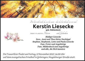 Traueranzeige von Kerstin Liesecke (geb. Mühlenbeck)  von Magdeburger Volksstimme