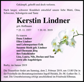 Traueranzeige von Kerstin Lindner (geb. Hoffmann)  von Magdeburger Volksstimme