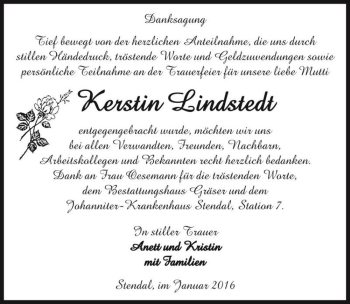 Traueranzeige von Kerstin Lindstedt  von Magdeburger Volksstimme