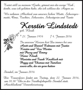 Traueranzeige von Kerstin Lindstedt (geb. Kleuß)  von Magdeburger Volksstimme