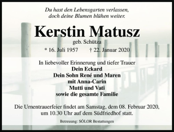 Traueranzeige von Kerstin Matusz (geb. Schütza)  von Magdeburger Volksstimme