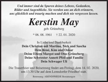 Traueranzeige von Kerstin May (geb. Grüneberg)  von Magdeburger Volksstimme
