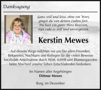Traueranzeige von Kerstin Mewes  von Magdeburger Volksstimme