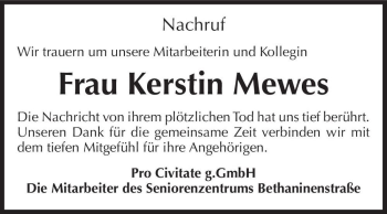 Traueranzeige von Kerstin Mewes  von Magdeburger Volksstimme