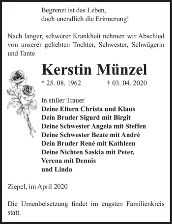 Traueranzeige von Kerstin Münzel  von Magdeburger Volksstimme