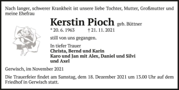 Traueranzeige von Kerstin Pioch (geb. Büttner)  von Magdeburger Volksstimme