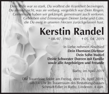Traueranzeige von Kerstin Randel  von Magdeburger Volksstimme