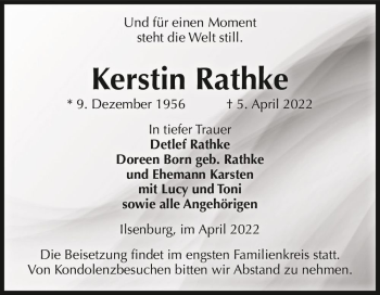 Traueranzeige von Kerstin Rathke  von Magdeburger Volksstimme
