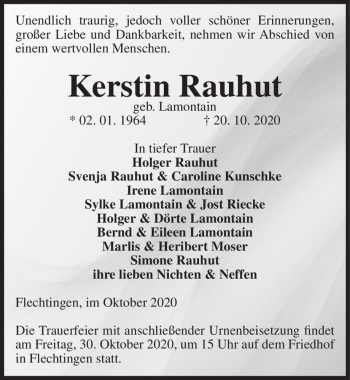 Traueranzeige von Kerstin Rauhut (geb. Lamontain)  von Magdeburger Volksstimme