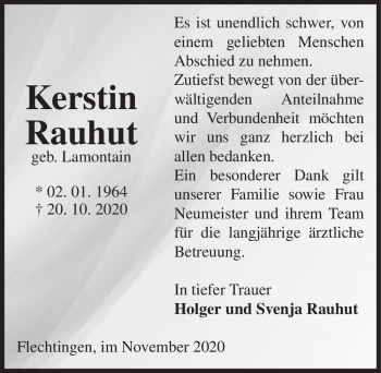 Traueranzeige von Kerstin Rauhut (geb. Lamontain)  von Magdeburger Volksstimme