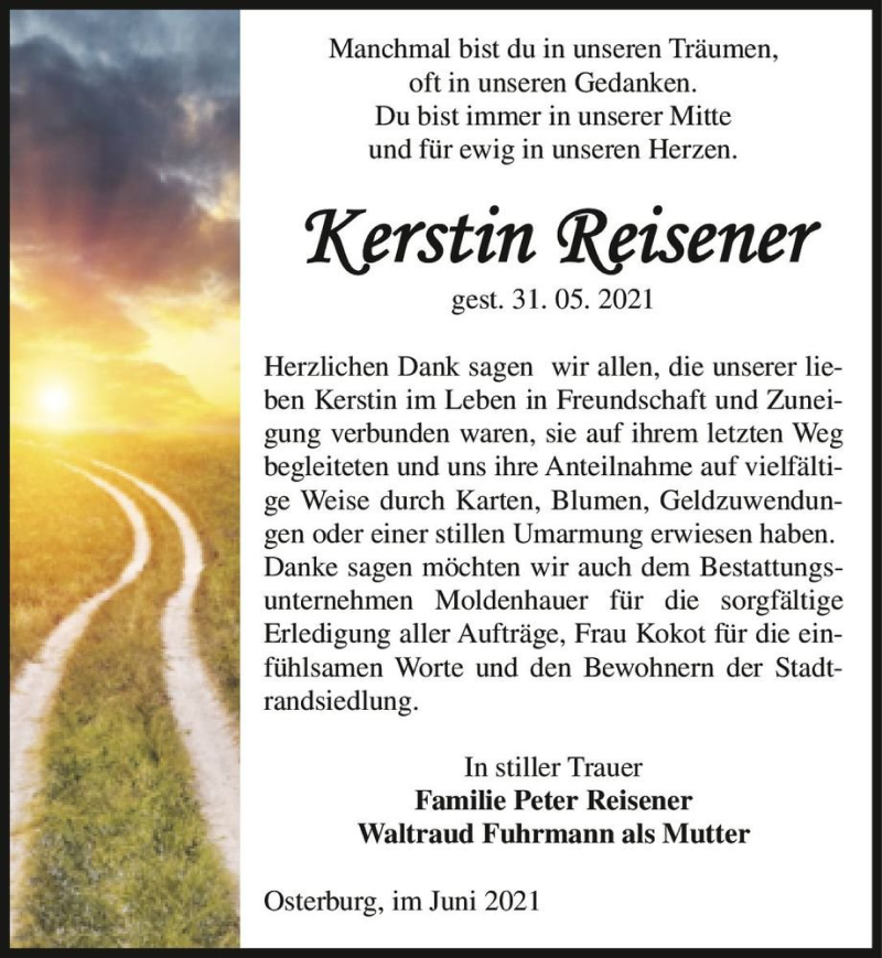 Traueranzeige für Kerstin Reisener  vom 26.06.2021 aus Magdeburger Volksstimme