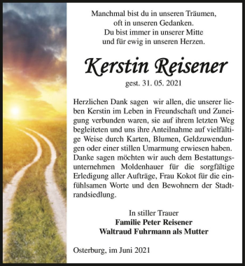 Traueranzeige von Kerstin Reisener  von Magdeburger Volksstimme