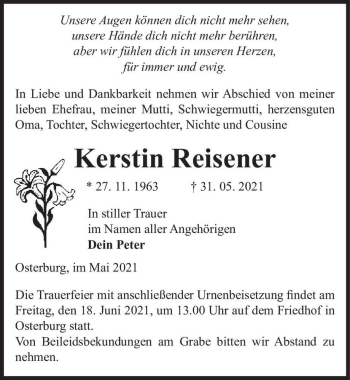 Traueranzeige von Kerstin Reisener  von Magdeburger Volksstimme