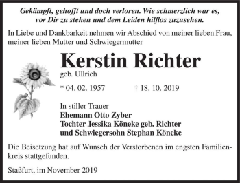 Traueranzeige von Kerstin Richter (geb. Ullrich)  von Magdeburger Volksstimme