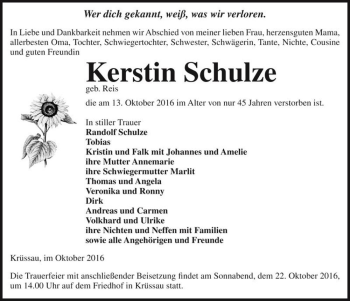 Traueranzeige von Kerstin Schulze (geb. Reis)  von Magdeburger Volksstimme