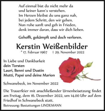 Traueranzeige von Kerstin Weißenbilder  von Magdeburger Volksstimme