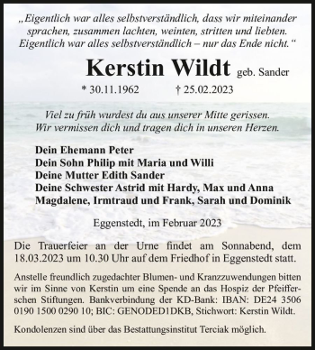 Traueranzeige von Kerstin Wildt (geb. Sander)  von Magdeburger Volksstimme