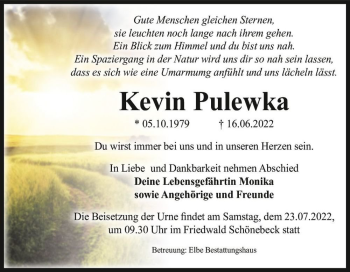 Traueranzeige von Kevin Pulewka  von Magdeburger Volksstimme