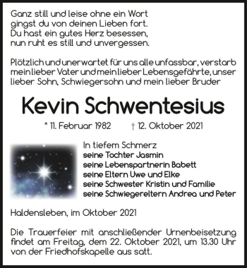 Traueranzeige von Kevin Schwentesius  von Magdeburger Volksstimme