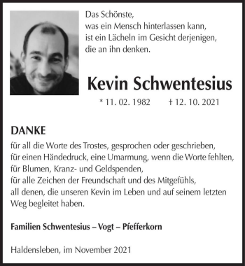 Traueranzeige von Kevin Schwentesius  von Magdeburger Volksstimme