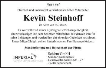 Traueranzeige von Kevin Steinhoff  von Magdeburger Volksstimme