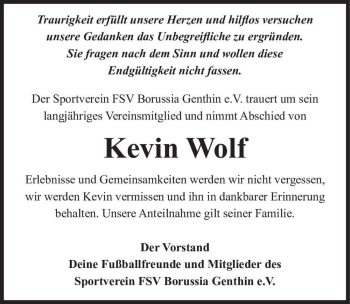 Traueranzeige von Kevin Wolf  von Magdeburger Volksstimme