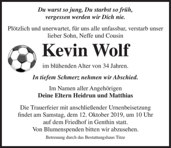 Traueranzeige von Kevin Wolf  von Magdeburger Volksstimme