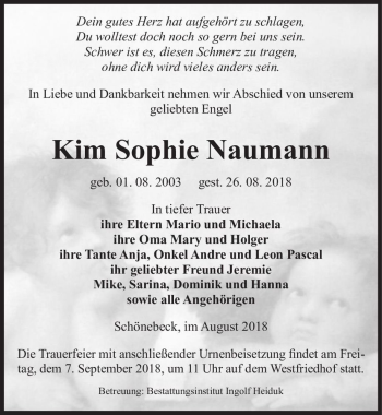 Traueranzeige von Kim Sophie Naumann  von Magdeburger Volksstimme