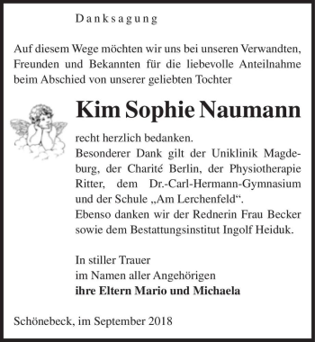 Traueranzeige von Kim Sophie Naumann  von Magdeburger Volksstimme