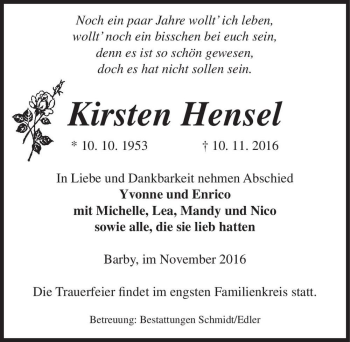 Traueranzeige von Kirsten Hensel  von Magdeburger Volksstimme