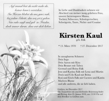 Traueranzeige von Kirsten Kaul (geb. Falk)  von Magdeburger Volksstimme