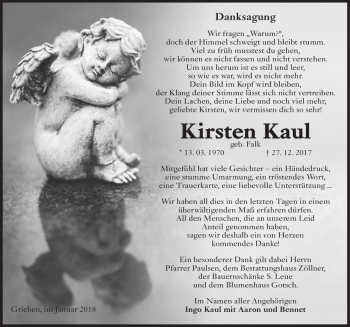 Traueranzeige von Kirsten Kaul (geb. Falk)  von Magdeburger Volksstimme
