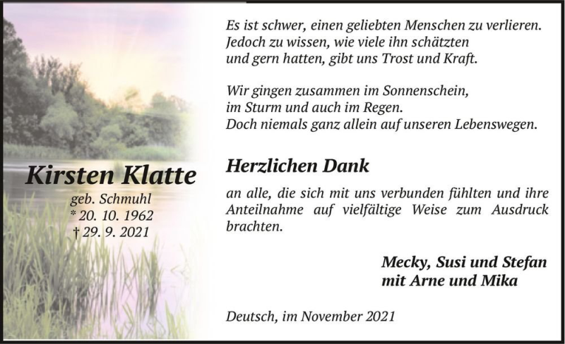  Traueranzeige für Kirsten Klatte (geb. Schmuhl)  vom 06.11.2021 aus Magdeburger Volksstimme