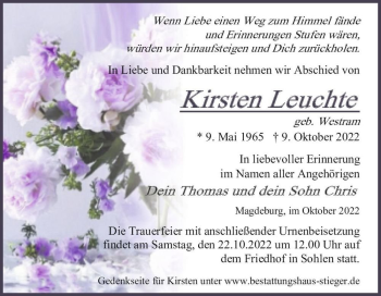 Traueranzeige von Kirsten Leuchte (geb. Westram)  von Magdeburger Volksstimme