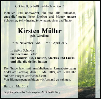Traueranzeige von Kirsten Müller (geb. Wendland)  von Magdeburger Volksstimme