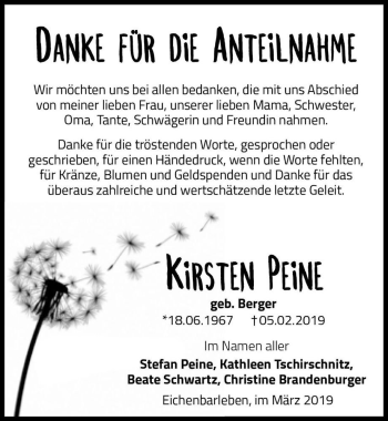 Traueranzeige von Kirsten Peine (geb. Berger)  von Magdeburger Volksstimme