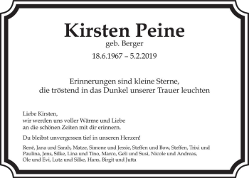 Traueranzeige von Kirsten Peine (geb. Berger)  von Magdeburger Volksstimme