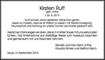 Traueranzeige von Kirsten Ruff (geb. Linthe)  von Magdeburger Volksstimme