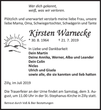 Traueranzeige von Kirsten Warnecke  von Magdeburger Volksstimme